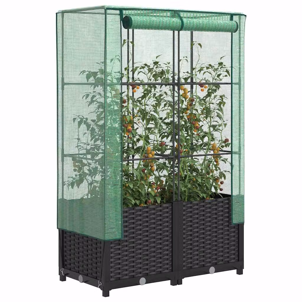 vidaXL Letto Rialzato con Copertura Serra Effetto Rattan Nero e Verde L: 80 cm, P: 40 cm, H: 138 cm