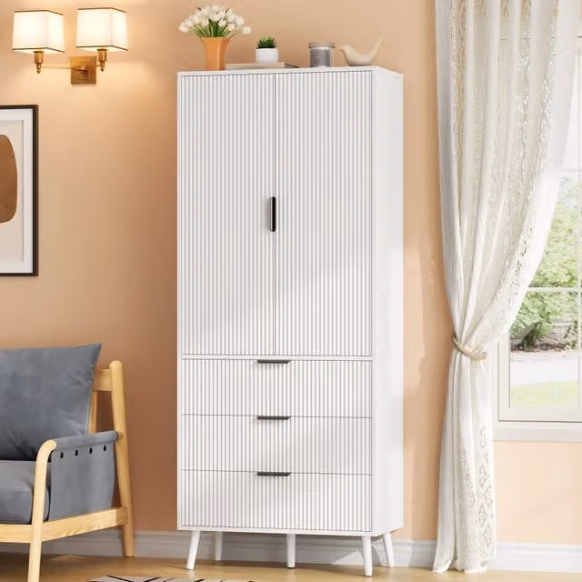 Armadio 75x35x180 cm con 2 ante e 3 cassetti in MDF bianco