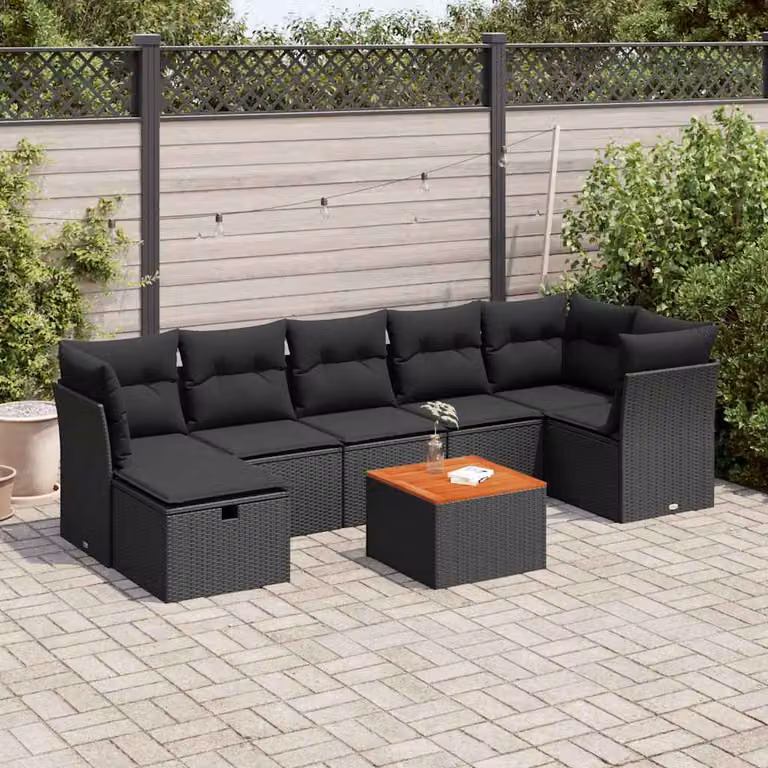 Set di divani da giardino vidaXL a forma di L con cuscini e tavolino, 8 pezzi, colore nero in polyrattan e legno di acacia con struttura in acciaio verniciato a polvere