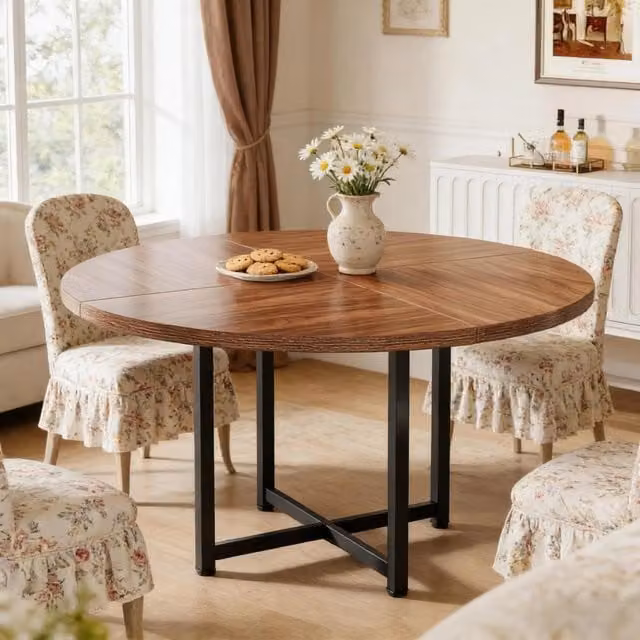Tavolo da pranzo rotondo 120 cm in metallo e legno; nero e marrone; stile industriale
