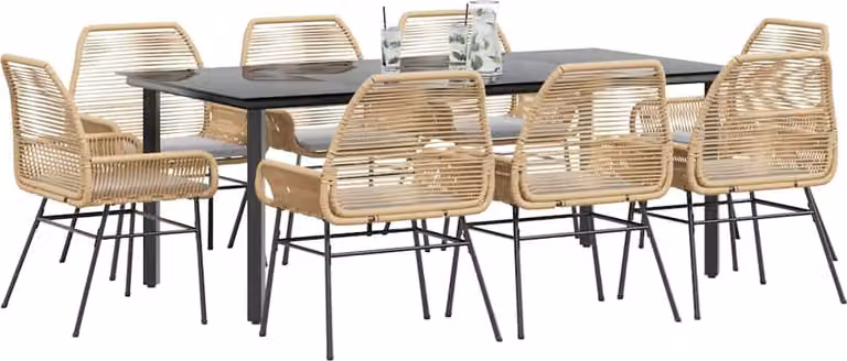 Set da Pranzo da Giardino 9 pz con Cuscini Polyrattan Vetro