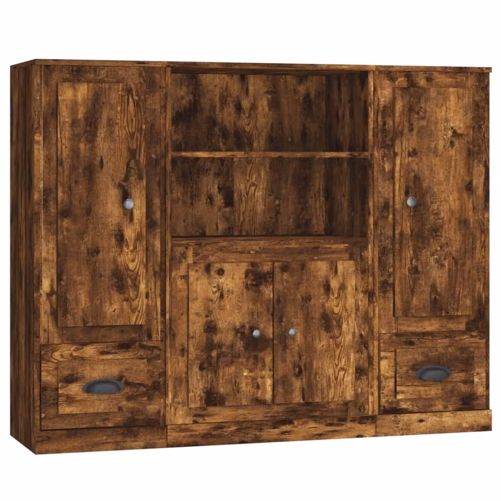Credenze 3 pz Rovere Fumo in Legno Multistrato