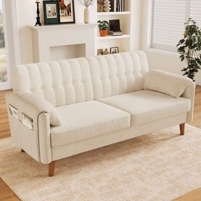 Divano 2 posti in tessuto ¨C Minimal ¨C Beige, gambe in legno massello, imbottito, con cuscini braccioli
