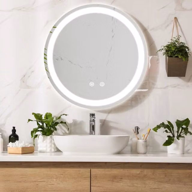 Specchio LED da parete Maratea pro.tec con cornice argentata, moderno e multifunzionale, diametro: 80 cm