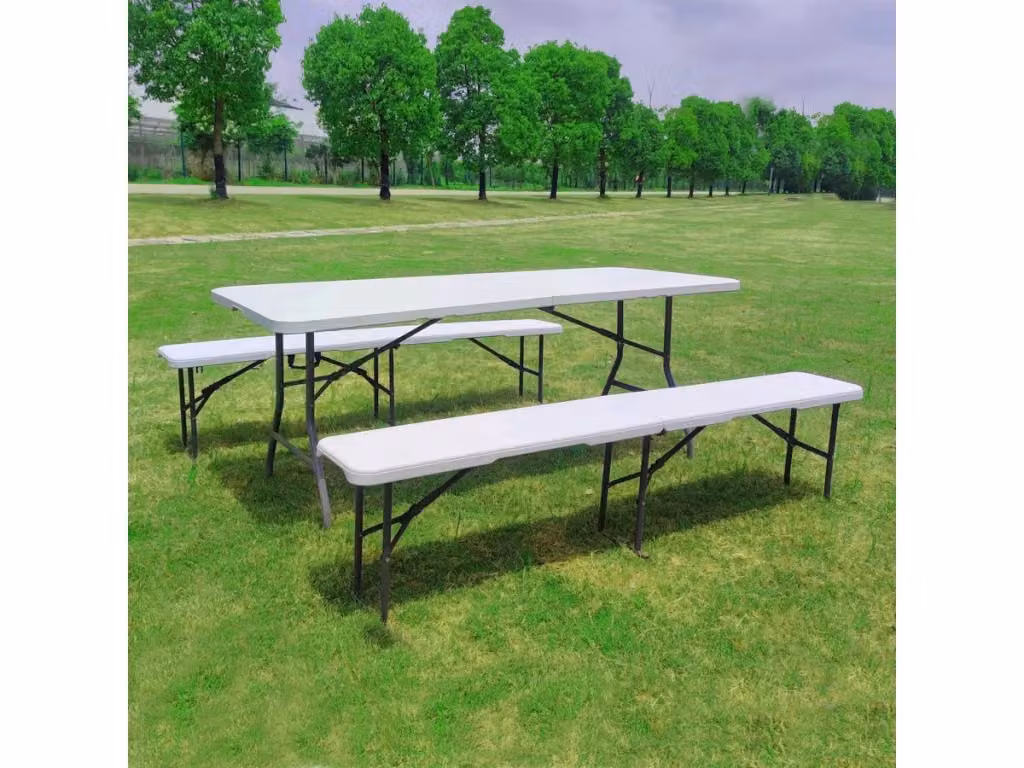 Set tavolo e 2 panche pieghevoli Foldy da giardino in metallo e plastica, Bianco – 2