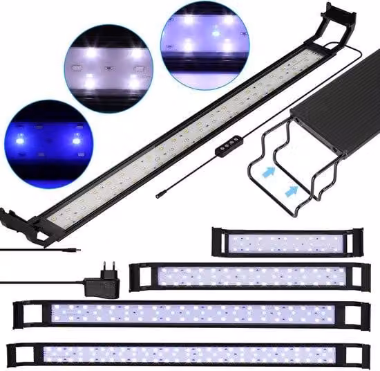 Lampada a LED per acquari, con corpo in alluminio, 20W, colore nero/bianco, supporto in acciaio inossidabile