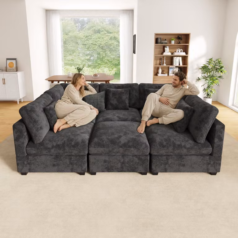 Divano angolare XXL a forma di L, 6 posti, modulare con funzione letto, poggiapiedi con spazio contenitore, tessuto in chenille con trama waffle, 5 cuscini, divano per soggiorno, grigio