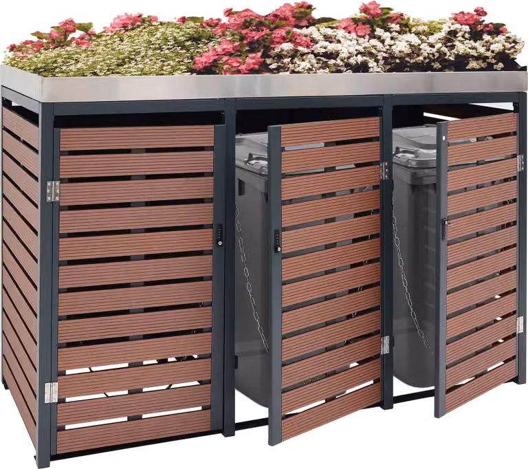 3 contenitori per rifiuti HWC-K14, contenitore per rifiuti con fioriera, 124x200x84cm WPC acciaio inox 107kg ~ aspetto legno di noce