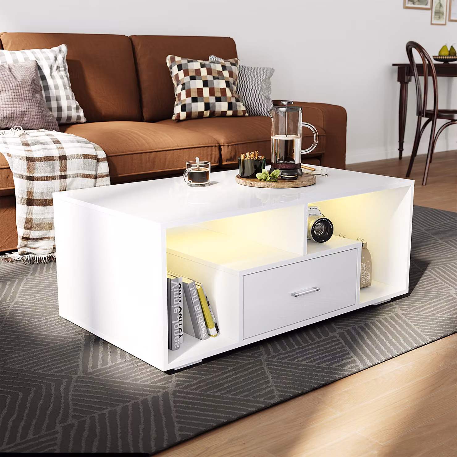SONNI 100x55x40cm tavolino in legno bianco lucido Tavolini con LED RGB e cassetti Adatto a camera da letto e soggiorno