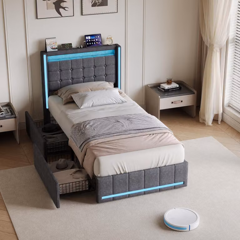 Letto imbottito REMZETTA, 90x200 cm, singola, con cassetto, LED RGB, porta USB-C, testiera con vano portaoggetti, rete a doghe, lenzuola, grigio