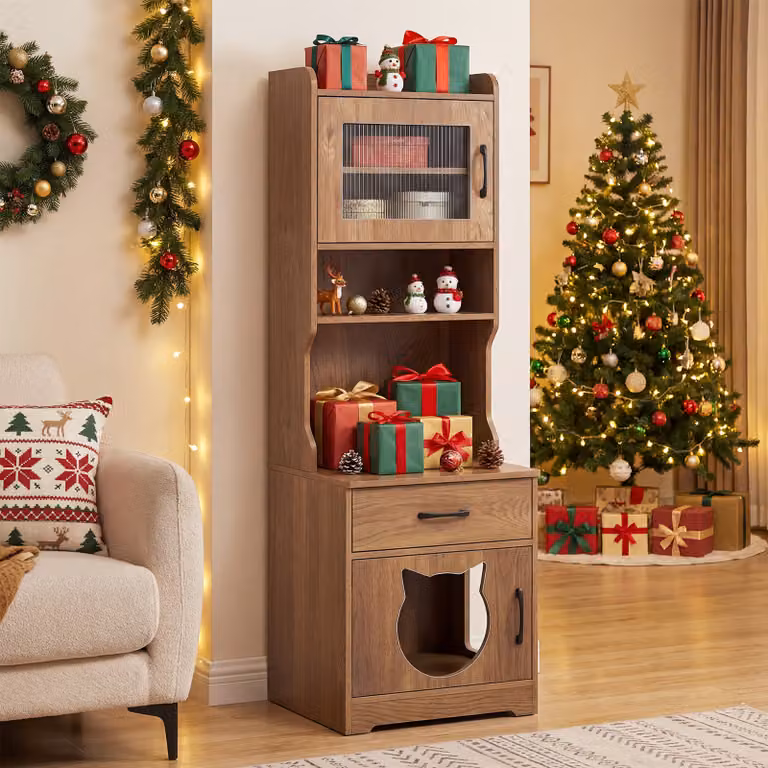 Recinto per lettiere gatti Costway con luce LED regolabile e portaoggetti, toilette nascosta in legno naturale con cassetto e armadietto, Altezza: 152 cm