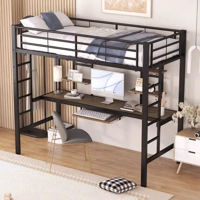 Letto a soppalco singolo MIVRAY nero con scrivania, due librerie, ripiano tastiera e scale in metallo e MDF, L/P/H: 200 x 90 x 180 cm