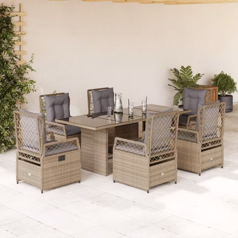 Set da Pranzo da Giardino vidaXL in Polyrattan con Cuscini Beige e Grigio e Tavolo in Vetro, 7 Pezzi