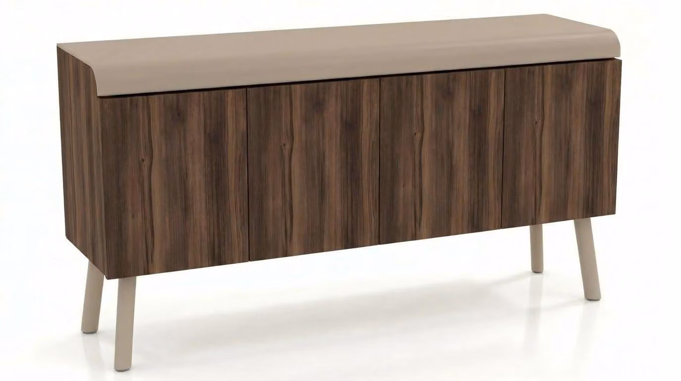 Mobile bar moderno con finitura effetto legno, dotato di ante ed eleganti gambe