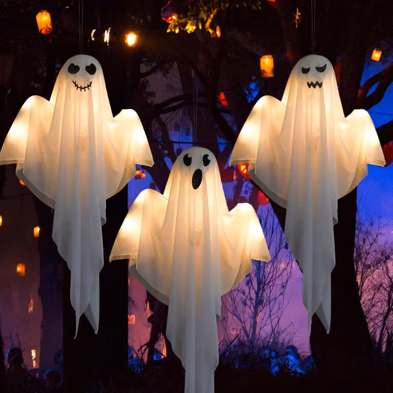 3 decorazioni per esterni a forma di fantasma di Halloween, con luci LED, alte 60 cm, adatte per interni ed esterni