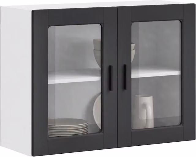 Pensile da cucina e soggiorno vidaXL moderno con ante in vetro e ripiani interni, bianco e nero, L: 80 cm, H: 60 cm, P: 31 cm – 1