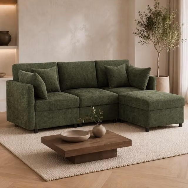 Divano angolare modulare 3 posti 216x161 cm in ciniglia verde con pouf mobile e 4 cuscini HOMVRA