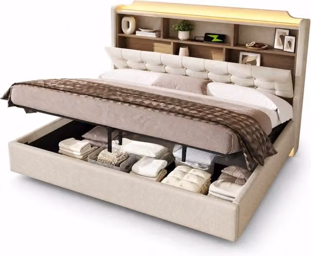 Letto contenitore matrimoniale moderno in tessuto beige con illuminazione LED, porte USB e Type-C, L/P: 180 x 200 cm