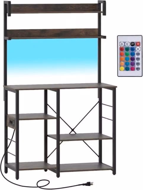Scaffale da cucina Design Mania con 5 ripiani, supporto per microonde in metallo con luci LED integrate e presa di corrente, stile industriale, Colore: nero/marrone, H: 147 cm, L: 90 cm, P: 40,5 cm