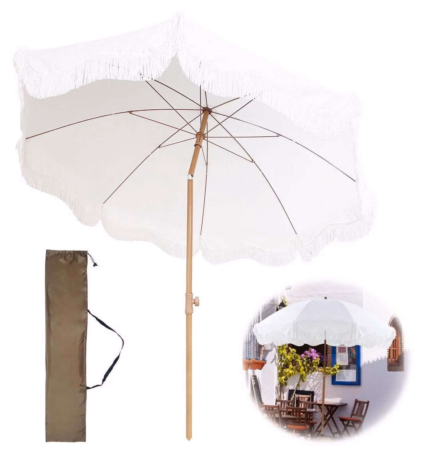 Ombrellone da giardino rotondo, diametro 180 cm, protezione UV 50+, con frange, impermeabile, inclinabile