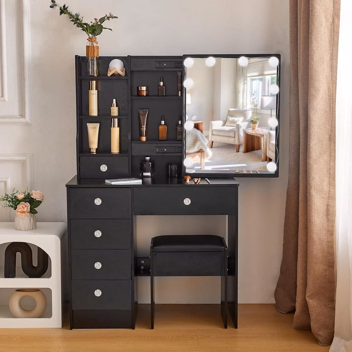 Comò da trucco con illuminazione e sgabello, tavolino da trucco con specchio, tavolino per cosmetici con luci LED, 3 temperature di colore, luminosità regolabile, dimensioni 36 x 80 x 131 cm, colore nero, modello S33301217