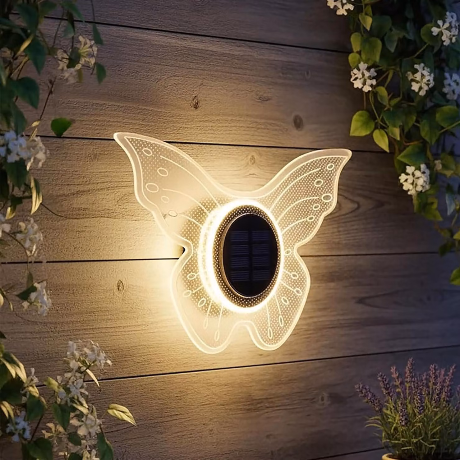 Lampada da parete solare a LED a forma di farfalla trasparente - 25 cm - Lampada da parete decorativa a luce bianca calda per esterni