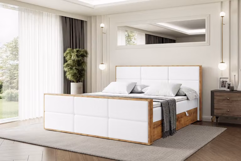 Letto boxspring ALTDECOR con materasso e rete a doghe, coprimaterasso, pediera, letto imbottito con contenitore, letto con spazio contenitivo e materasso H4, letto matrimoniale, letto a cassettoni - LOLLI1-Z - 200x200 - Pelle finta bianca