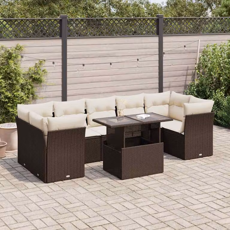 Set Divani da Giardino vidaXL 8 pz a Forma a L con Cuscini e Tavolino, Polyrattan e Metallo, Marrone e Bianco