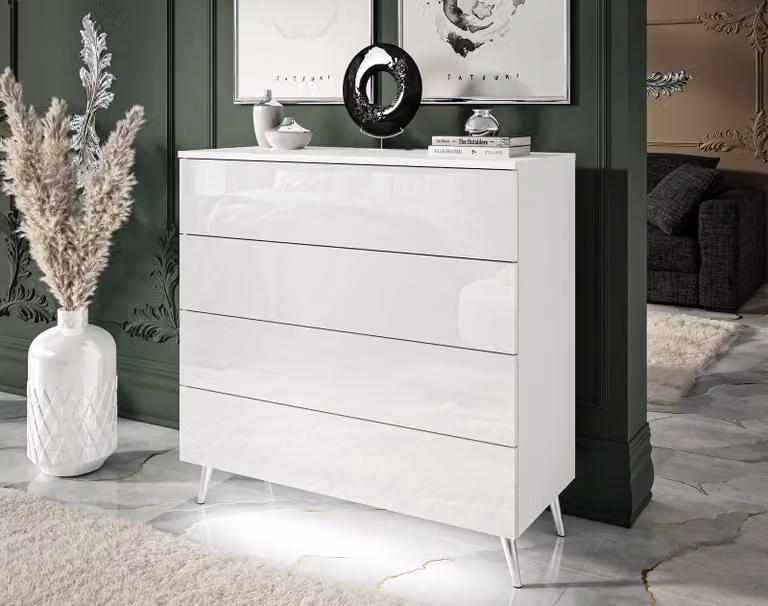 Comodino AURA con cassetti PUSH OPEN bianco / bianco lucido, gambe: cromate