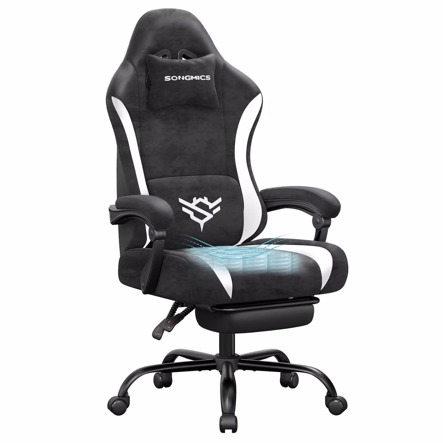 Sedia da gaming SONGMICS, sedia da ufficio ergonomica in poliestere, con poggiapiedi e cuscino lombare, inclinazione di 135°, 70 x 70 x (120-130) cm, nero e bianco