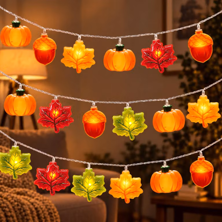 Catena luminosa autunnale, 3 metri, 20 LED, alimentata a batteria, con decorazioni a forma di zucca e foglie d'acero