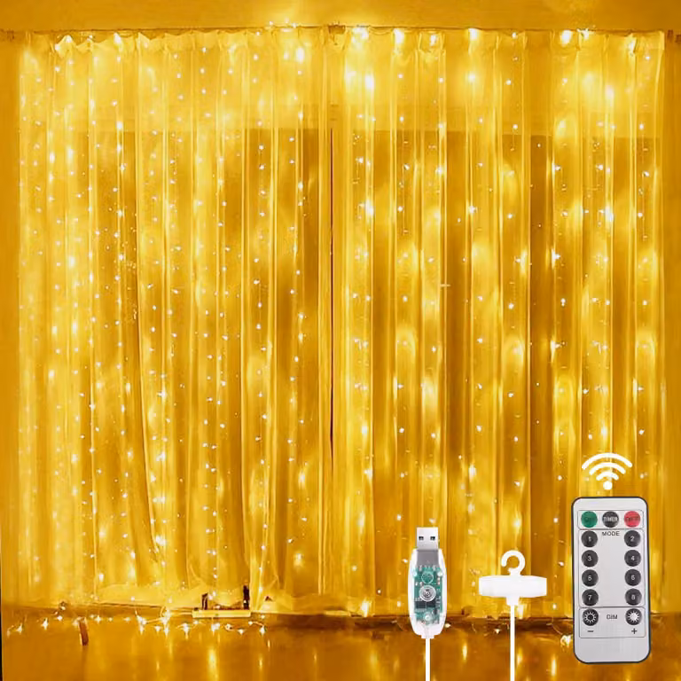 Illuminazione a tenda a LED, dimensioni 3x3 metri, 300 LED, alimentazione USB, 8 modalità, luce bianco caldo