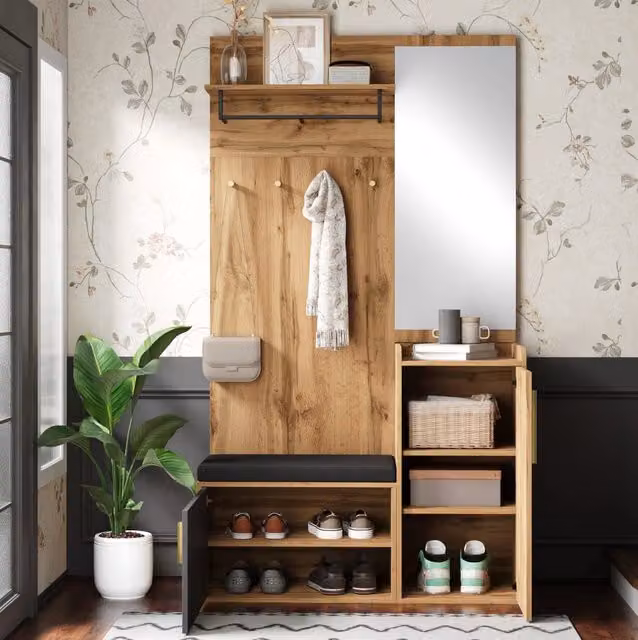 Guardaroba da ingresso ULEVR 100x38x185 cm con specchio, panca imbottita e scarpiera, effetto rovere e nero