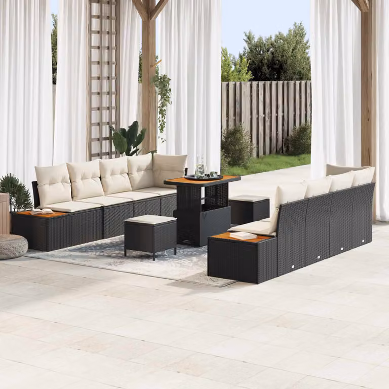 Set Divano da Giardino vidaXL 11 Pezzi con Cuscini Nero e Beige