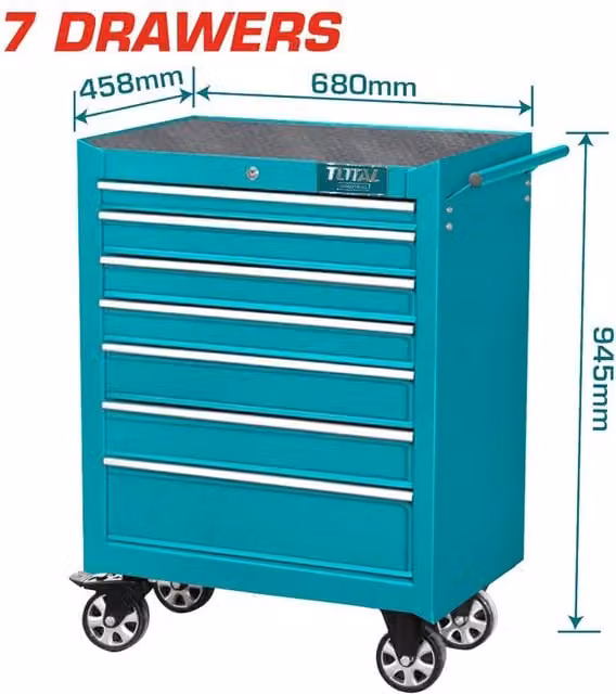 Carrello portautensili Total con 7 cassetti in metallo color turchese, modello arrotolabile, L: 94,5 cm, P: 45,8 cm, H: 68 cm
