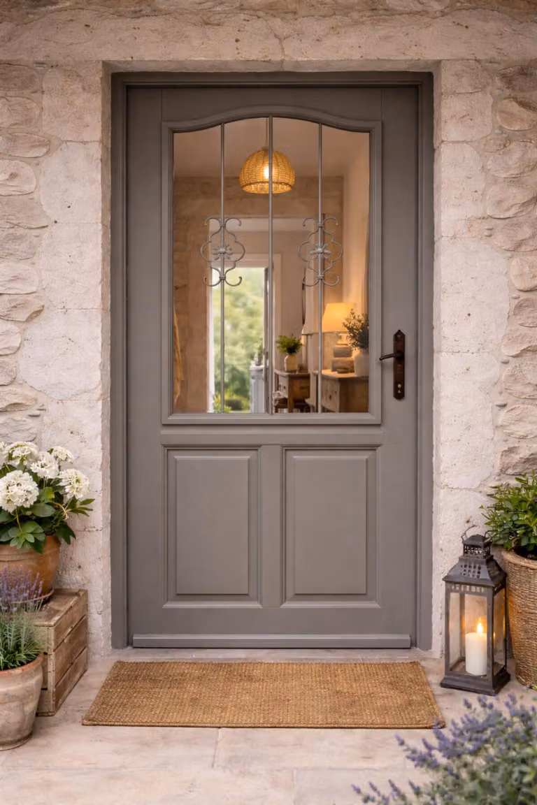 Porta d'ingresso in legno con vetro Santiago Grigio Quarzo, H.200 x L.90 cm lato tavolo P, sinistra, maniglia, cilindro GD MENUISERIES
