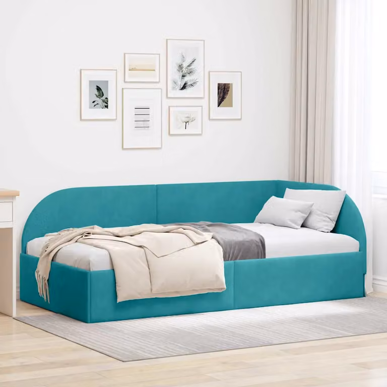 Cornice del letto ad angolo vidaXL in velluto turchese con struttura in legno, L/P/H: 190 x 90 x 72 cm