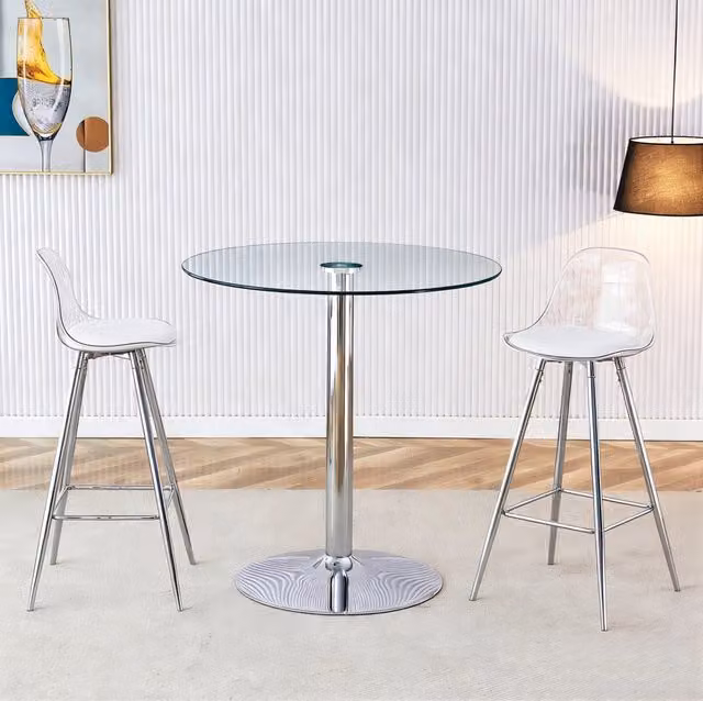 Set Bar con Tavolo Rotondo in Vetro 89 cm e 2 Sgabelli con Gambe in Metallo Argento