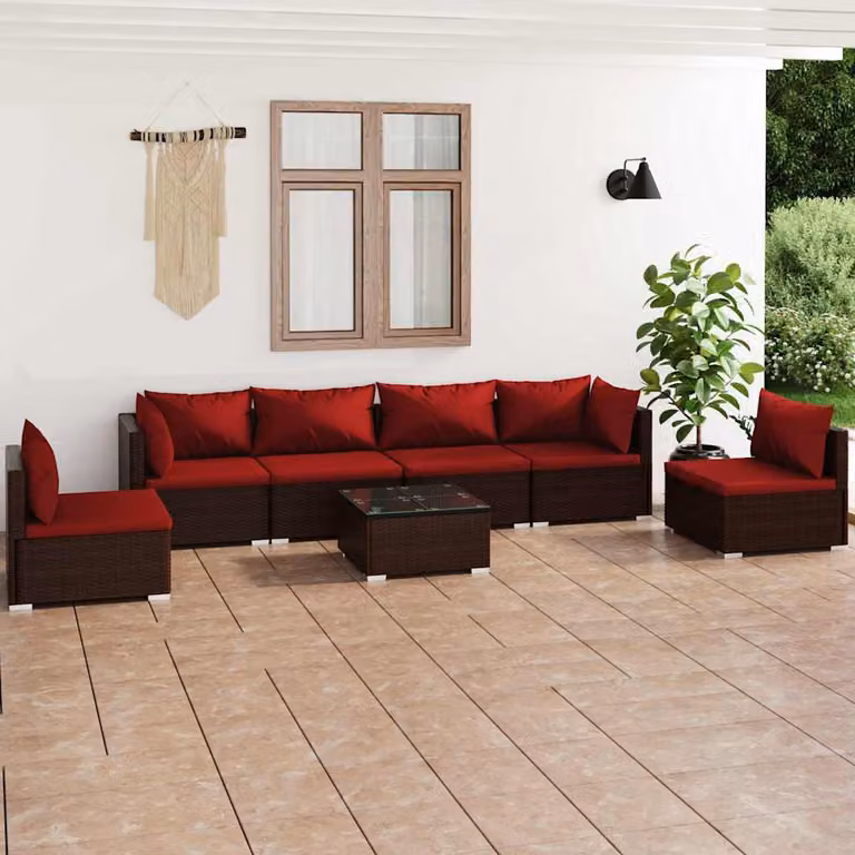 Set da giardino vidaXL composto da 7 pezzi con divani, tavolino e cuscini in rattan marrone e rosso con struttura in acciaio e coperture rimovibili