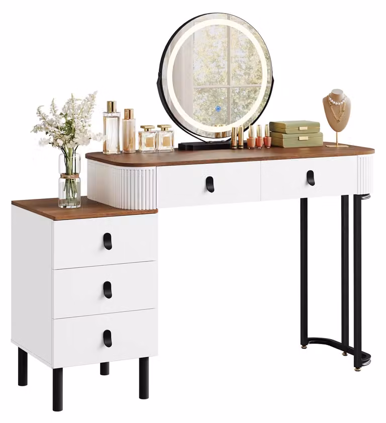 Tavolino da trucco - Tavolino per cosmetici - Specchio LED con 3 livelli di luminosità regolabili - 5 cassetti - Mobiletto laterale - Piano in legno con struttura in metallo - 100 x 125 x 40 cm