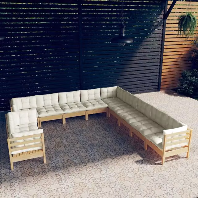 Set di divani da giardino a L vidaXL in legno massello di pino con cuscini beige, 11 pezzi