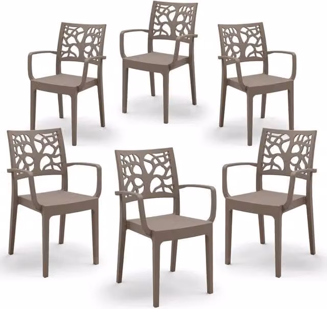 Set 4 sedie con braccioli in polipropilene TETI, impilabile, resistente ai raggi UV, design moderno, ideale per ambienti interni ed esterni, colore Tortora
