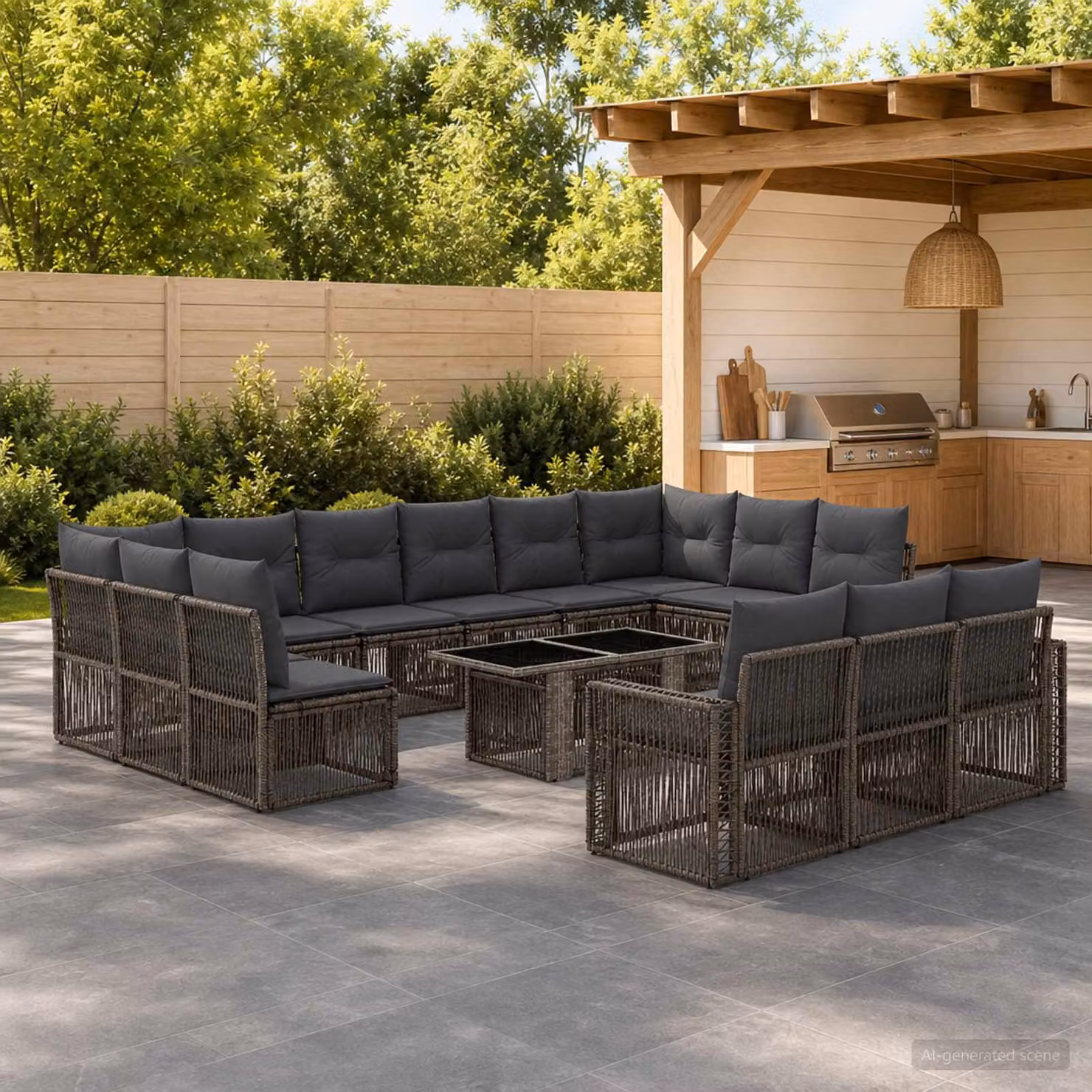 Set Divano da Giardino vidaXL 14 Pezzi in Polyrattan Grigio e Antracite con Cuscini e Tavolino