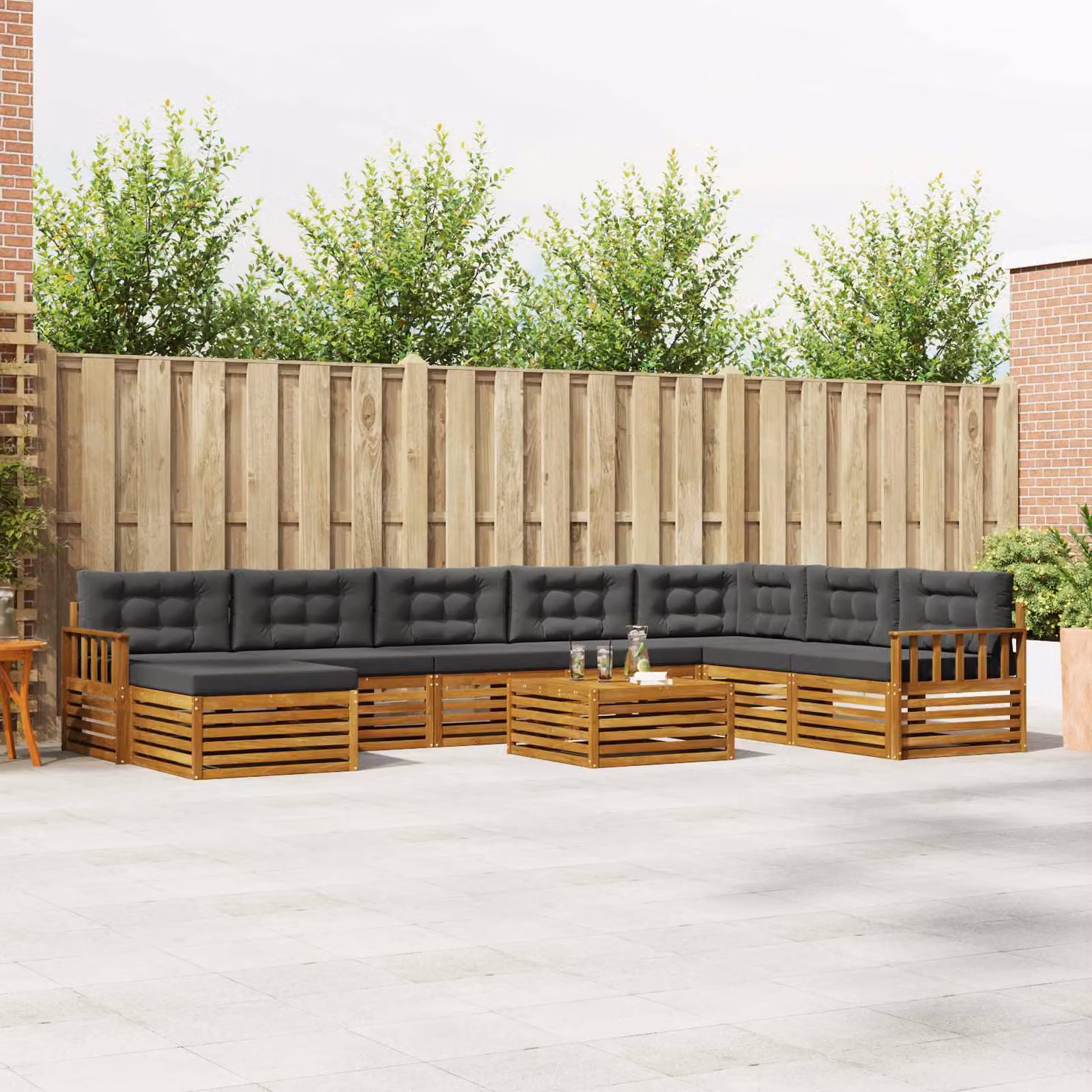 vidaXL Set di divani da esterno moderno a L in legno di acacia con cuscini, 9 pezzi, Naturale e Antracite