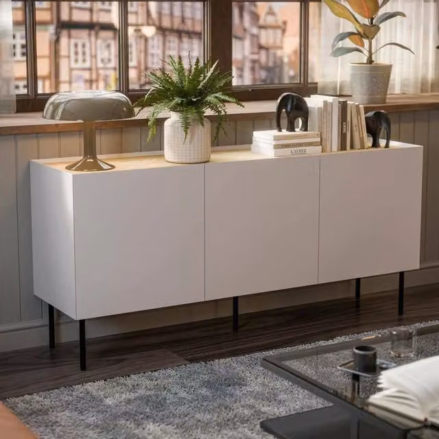 Madia moderna DMORA in MDF laccato beige e rovere per soggiorno e ufficio, L 150 x P 40 x H 70 cm – 1