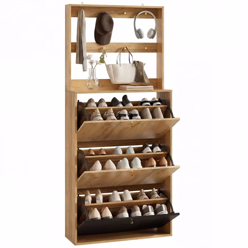 Scarpiera moderna per ingresso con 3 vani ribaltabili e ganci, colore nero o marrone, L: 75 cm, P: 24 cm, H: 180 cm – 2