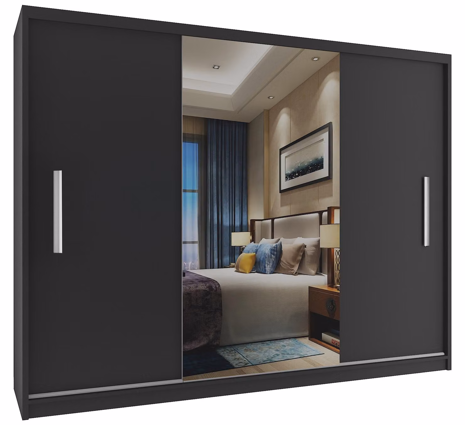 BELINI Verona, armadio scorrevole da 232 cm, nero opaco - armadio con specchio e asta appendiabiti, ideale per la camera da letto