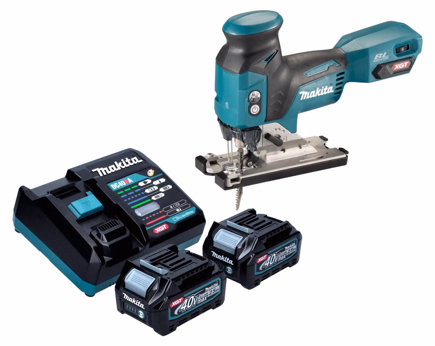 Makita JV 001 GD201 Seghetto alternativo a batteria 40 V max. 135 mm brushless + 2x batteria ricaricabile 2,5 Ah + caricabatterie