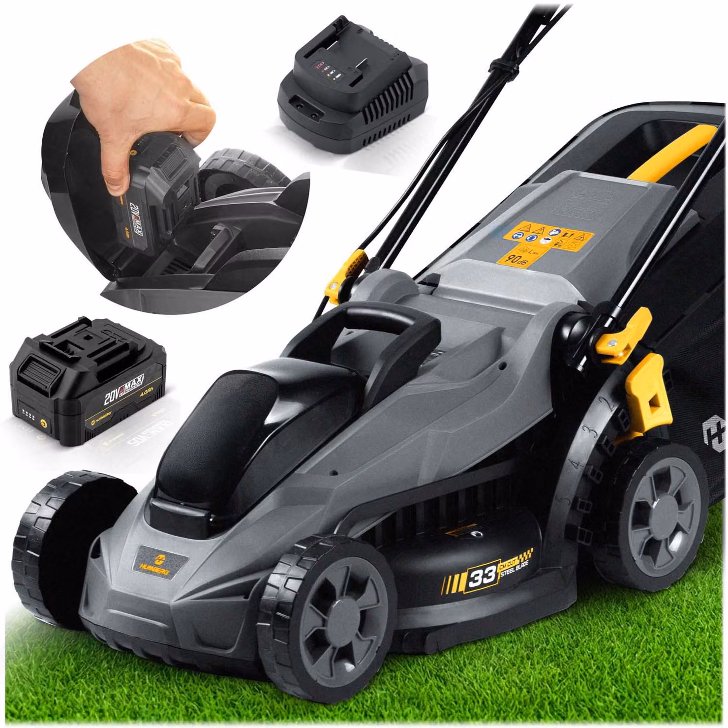 Tagliaerba elettrico a batteria, leggero e potente, Humberg HM-611, con una larghezza di taglio di 33 cm