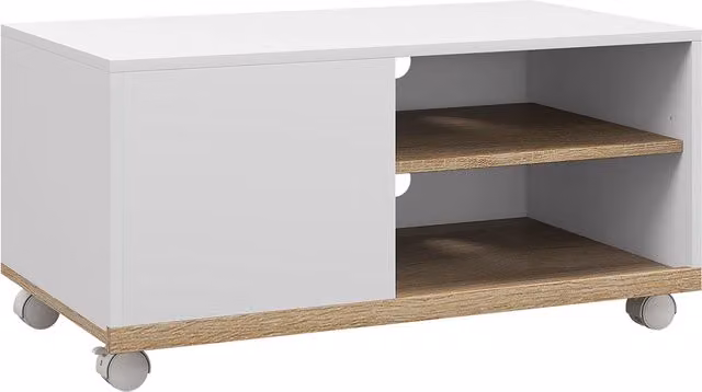 Mobile TV HOMCOM per schermi fino a 42 pollici con 2 ripiani aperti, anta e ruote, in legno bianco, L: 80 cm, P: 45 cm, H: 39.5 cm